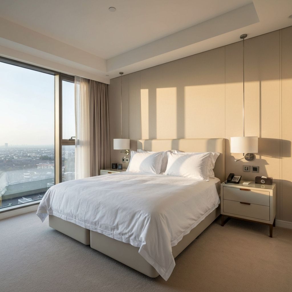 Clean modern bedroom with fresh bedding